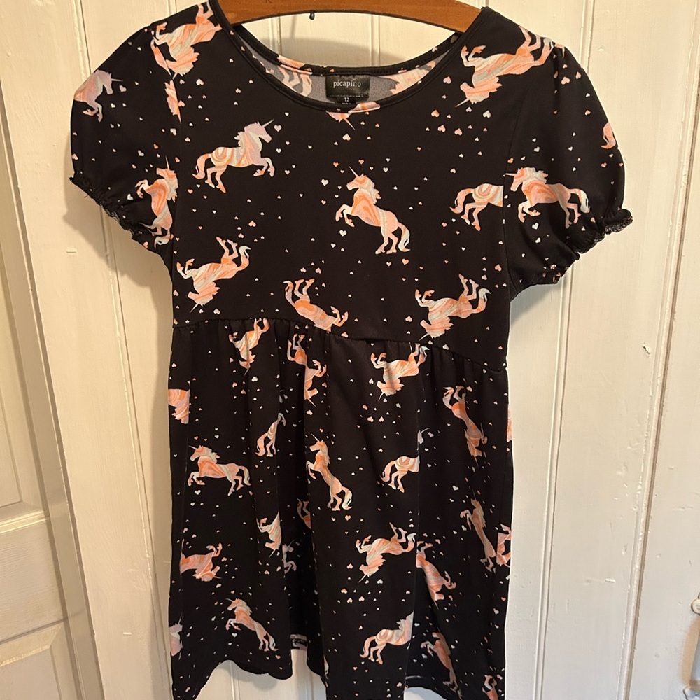 (3/$20) Picapino girls 12 pink tie dye & black unicorn short sleeve twirl dress